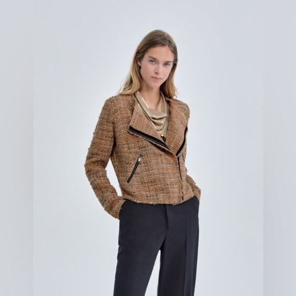 IKKS Pure Edition Jacket‎ Women's Size XL Beige Tweed Silver Asymmetric Zipper - Picture 10 of 13